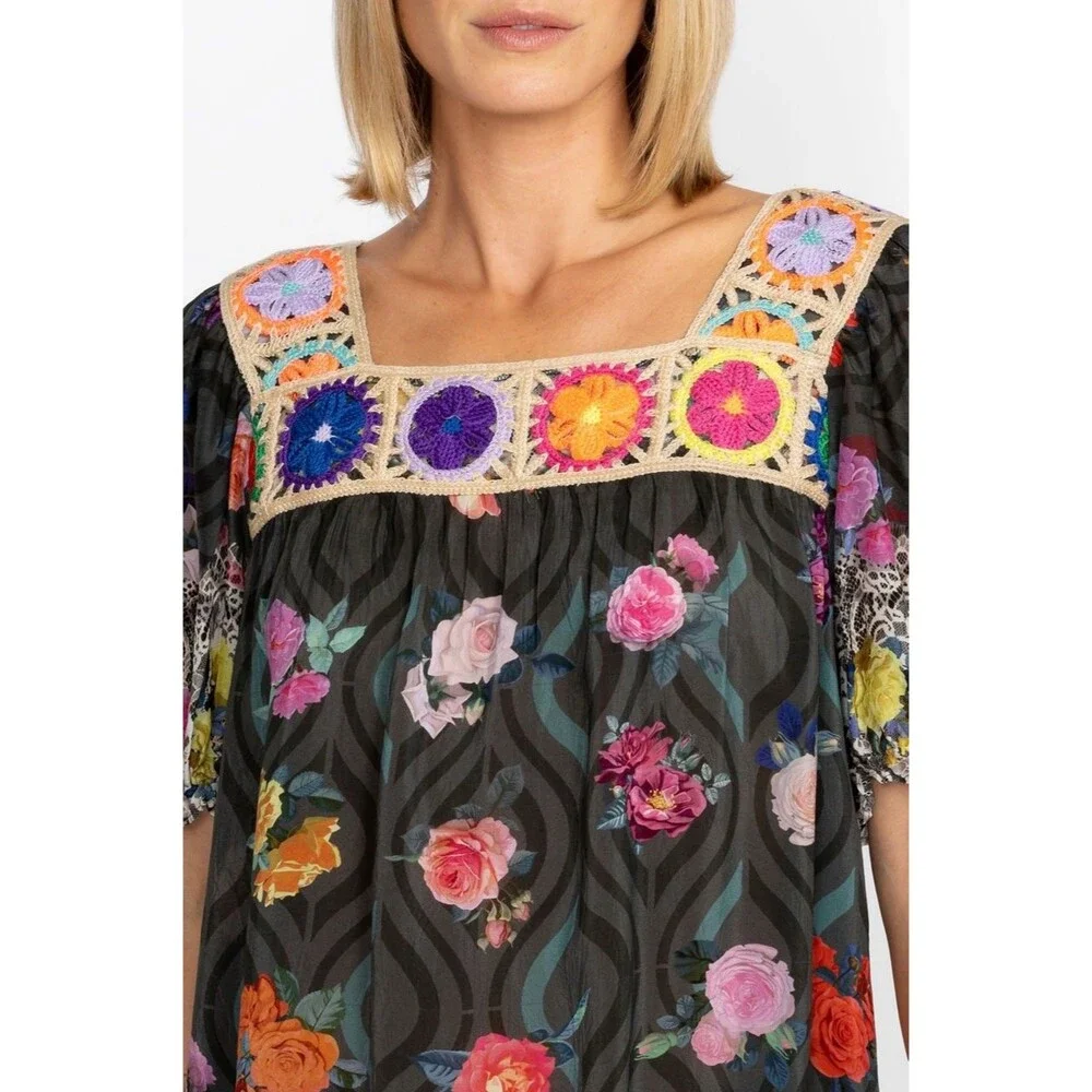 Johnny Was Rose Lace Tristan M Floral Crochet Tunic Top Cupra Rayon Boho Blouse